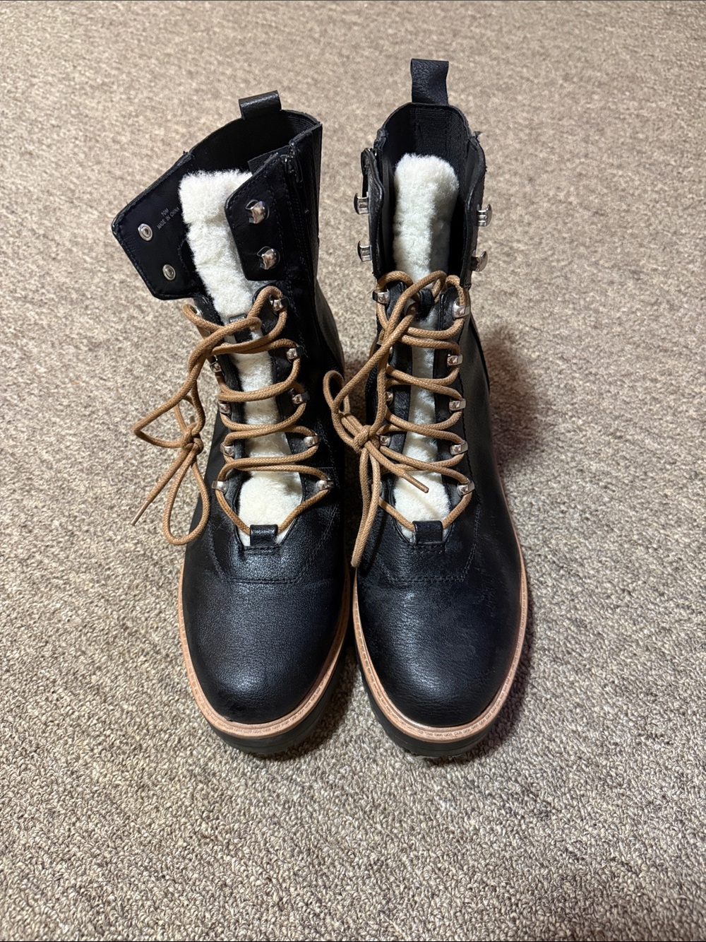 American Eagle Outfitters Black Lace-Up Shearling Combat Boots with Tan Laces